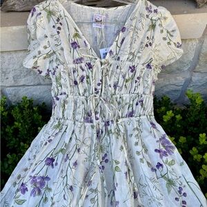 Floral Prairie Dress Gunny Style Violet Cottagecore Linen Lace Puff Sleeve Boho